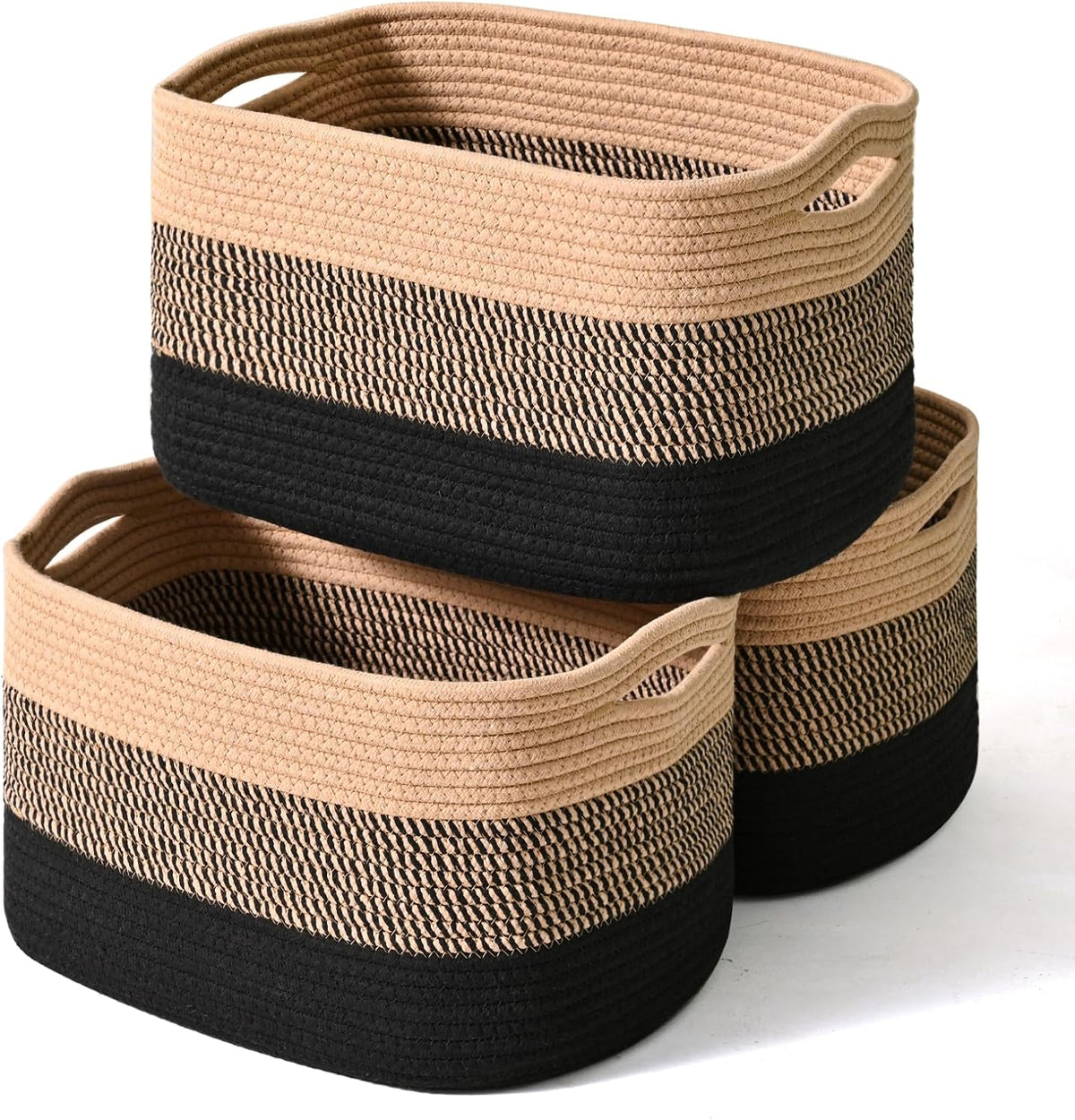 Storage Baskets for Organizing Shelves, Woven Cotton Rope Bins for Baby Nursery Organization, Book Toy Towel Organizer, 15"x11"x9.5", 3 Packs, Dark Brown