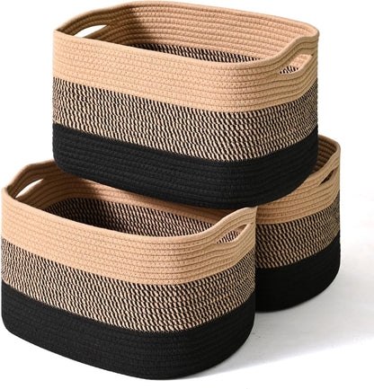 Storage Baskets for Organizing Shelves, Woven Cotton Rope Bins for Baby Nursery Organization, Book Toy Towel Organizer, 15"x11"x9.5", 3 Packs, Dark Brown