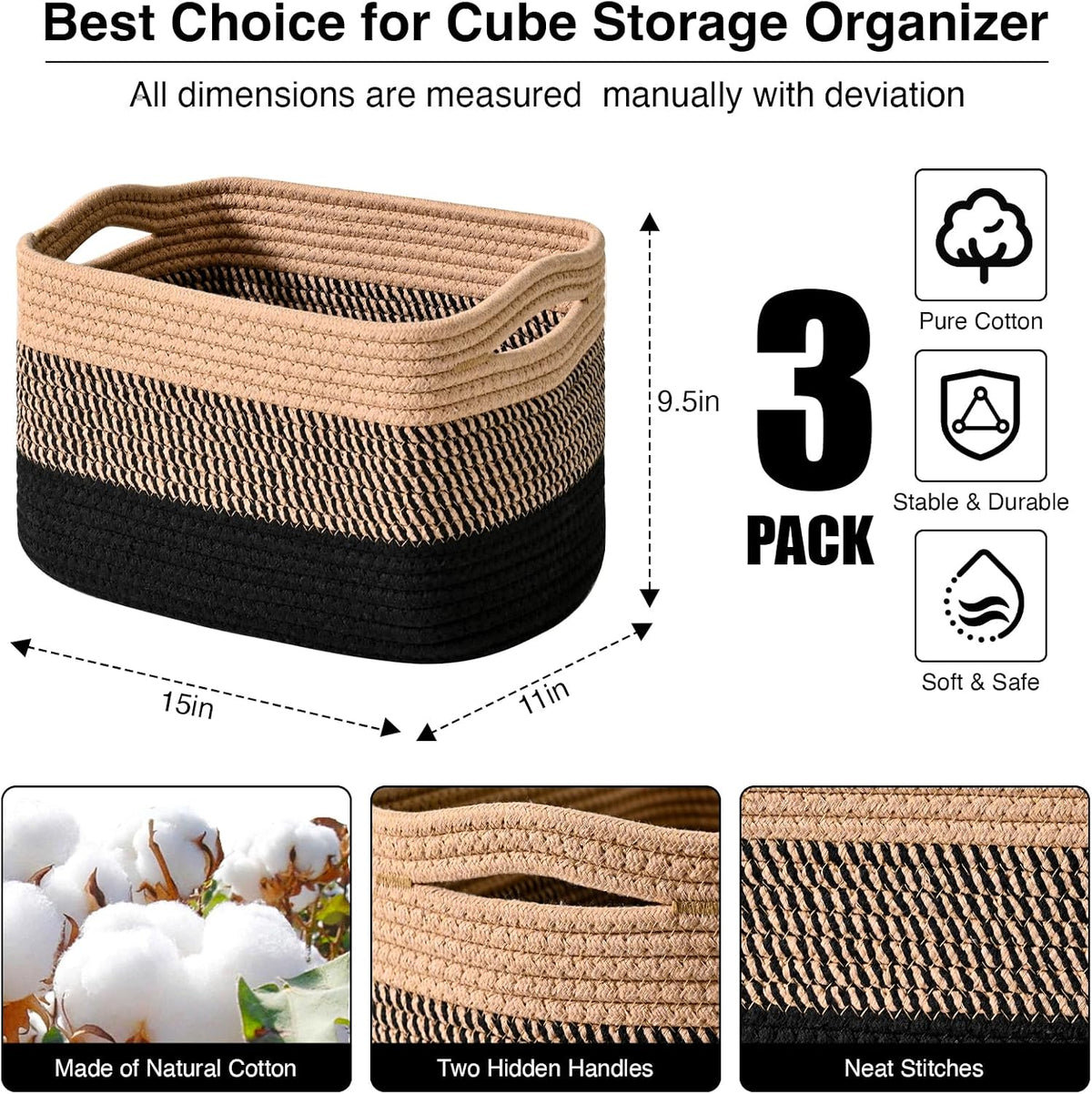 Storage Baskets for Organizing Shelves, Woven Cotton Rope Bins for Baby Nursery Organization, Book Toy Towel Organizer, 15"x11"x9.5", 3 Packs, Dark Brown