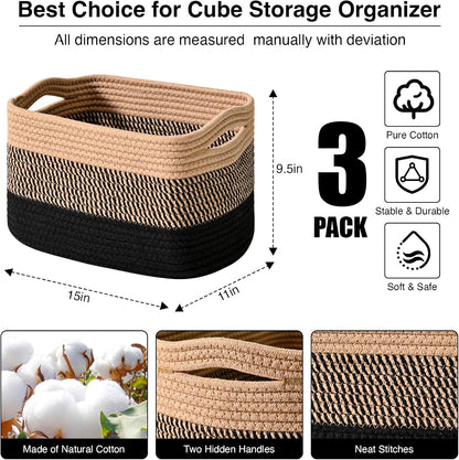 Storage Baskets for Organizing Shelves, Woven Cotton Rope Bins for Baby Nursery Organization, Book Toy Towel Organizer, 15"x11"x9.5", 3 Packs, Dark Brown
