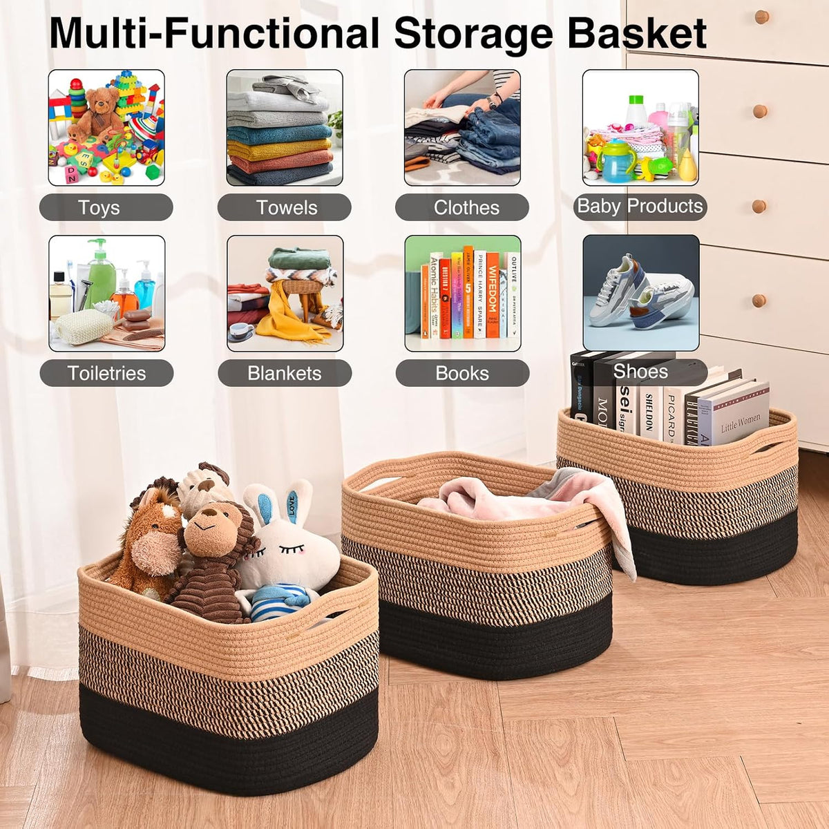 Storage Baskets for Organizing Shelves, Woven Cotton Rope Bins for Baby Nursery Organization, Book Toy Towel Organizer, 15"x11"x9.5", 3 Packs, Dark Brown