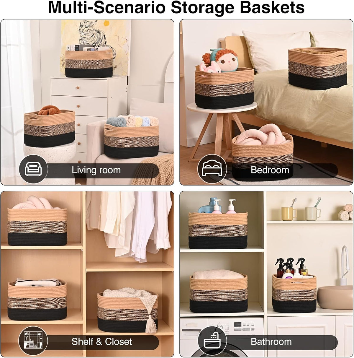 Storage Baskets for Organizing Shelves, Woven Cotton Rope Bins for Baby Nursery Organization, Book Toy Towel Organizer, 15"x11"x9.5", 3 Packs, Dark Brown