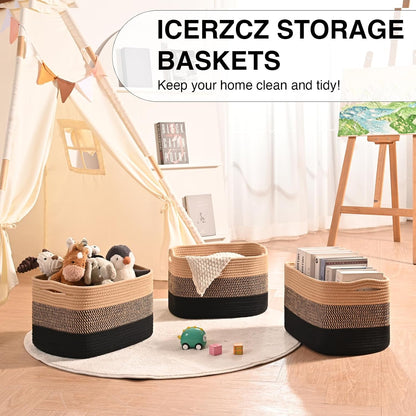 Storage Baskets for Organizing Shelves, Woven Cotton Rope Bins for Baby Nursery Organization, Book Toy Towel Organizer, 15"x11"x9.5", 3 Packs, Dark Brown