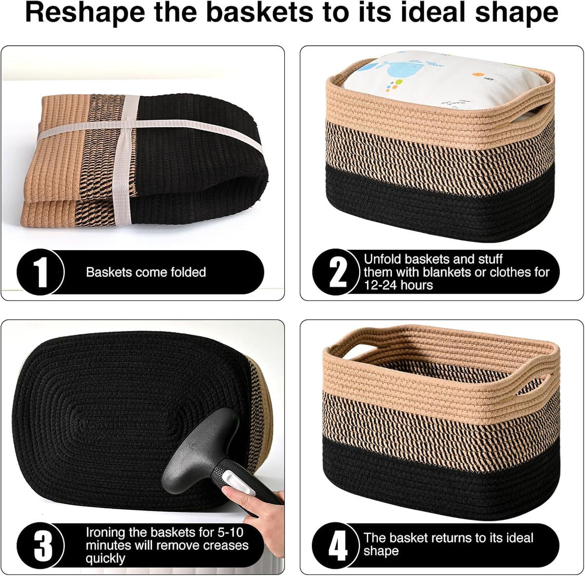 Storage Baskets for Organizing Shelves, Woven Cotton Rope Bins for Baby Nursery Organization, Book Toy Towel Organizer, 15"x11"x9.5", 3 Packs, Dark Brown