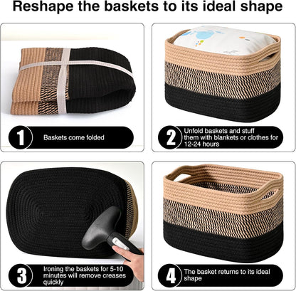 Storage Baskets for Organizing Shelves, Woven Cotton Rope Bins for Baby Nursery Organization, Book Toy Towel Organizer, 15"x11"x9.5", 3 Packs, Dark Brown