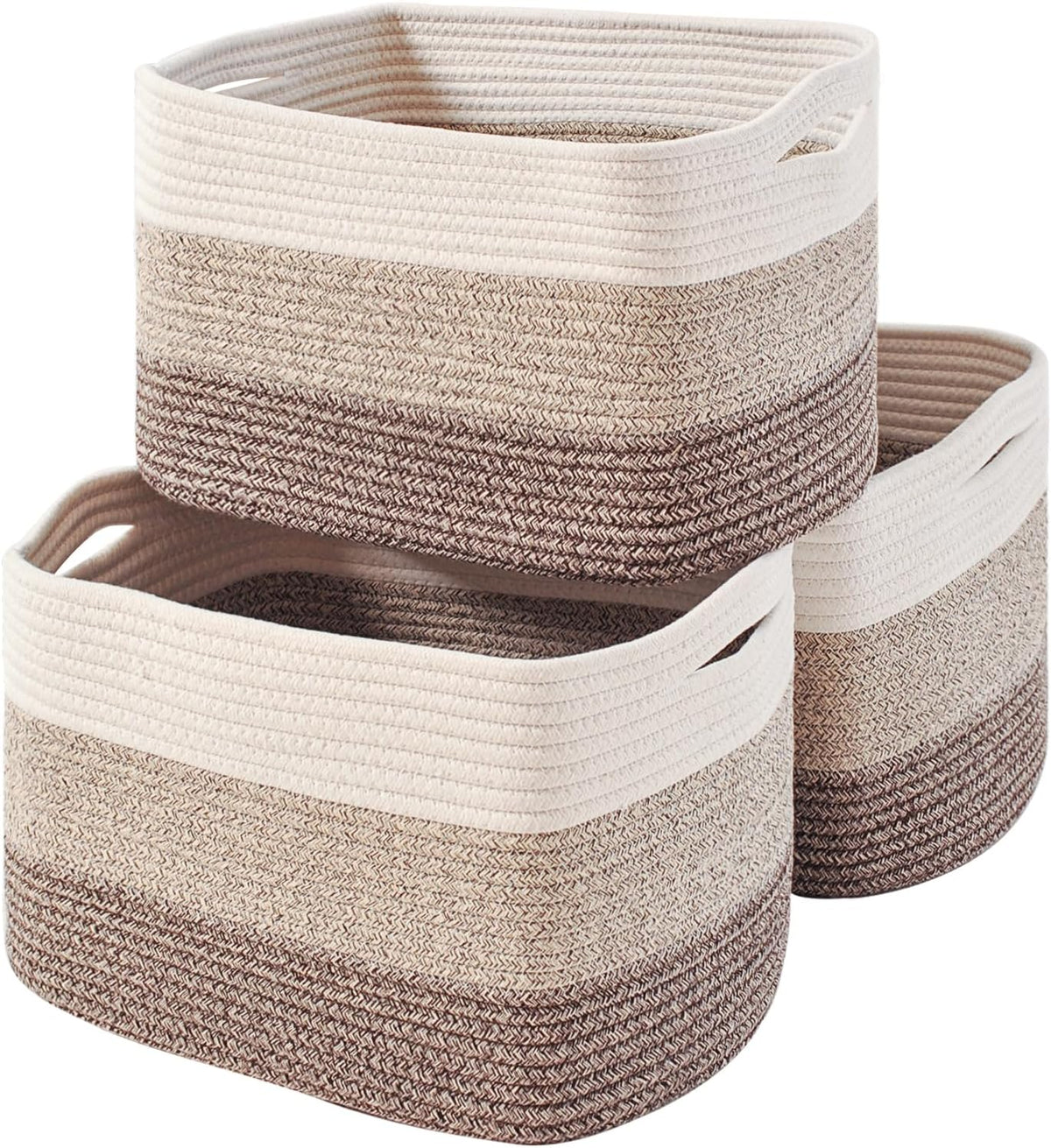 Storage Baskets for Organizing Shelves, Woven Cotton Rope Bins for Baby Nursery Organization, Book Toy Towel Organizer, 15"x11"x9.5", 3 Packs, Dark Brown