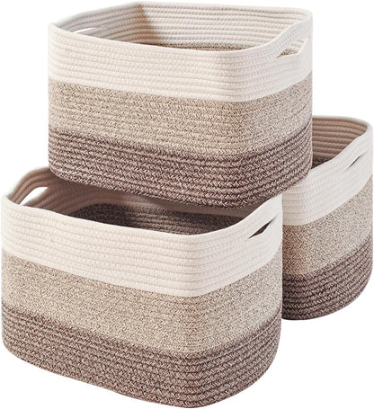 Storage Baskets for Organizing Shelves, Woven Cotton Rope Bins for Baby Nursery Organization, Book Toy Towel Organizer, 15"x11"x9.5", 3 Packs, Dark Brown