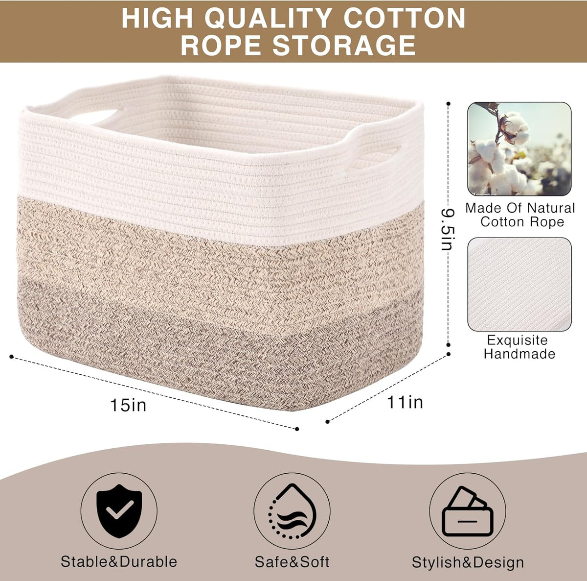 Storage Baskets for Organizing Shelves, Woven Cotton Rope Bins for Baby Nursery Organization, Book Toy Towel Organizer, 15"x11"x9.5", 3 Packs, Dark Brown