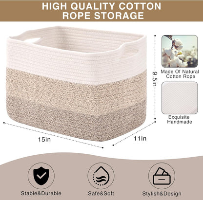 Storage Baskets for Organizing Shelves, Woven Cotton Rope Bins for Baby Nursery Organization, Book Toy Towel Organizer, 15"x11"x9.5", 3 Packs, Dark Brown