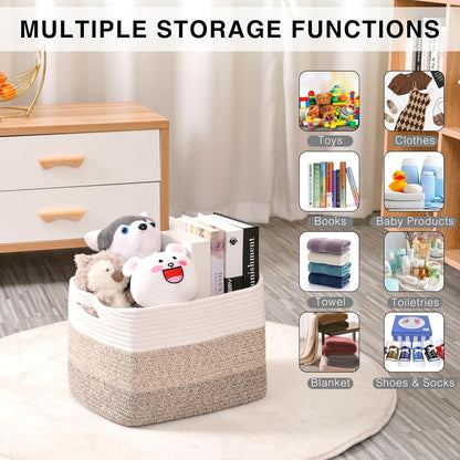 Storage Baskets for Organizing Shelves, Woven Cotton Rope Bins for Baby Nursery Organization, Book Toy Towel Organizer, 15"x11"x9.5", 3 Packs, Dark Brown