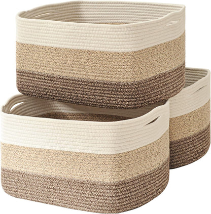 Storage Baskets for Organizing Shelves, Woven Cotton Rope Bins for Baby Nursery Organization, Book Toy Towel Organizer, 15"x11"x9.5", 3 Packs, Dark Brown