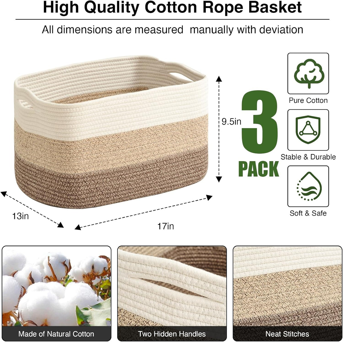 Storage Baskets for Organizing Shelves, Woven Cotton Rope Bins for Baby Nursery Organization, Book Toy Towel Organizer, 15"x11"x9.5", 3 Packs, Dark Brown