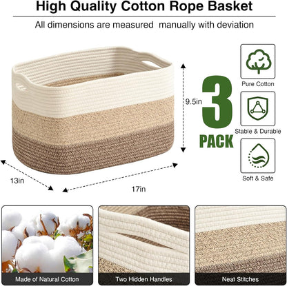 Storage Baskets for Organizing Shelves, Woven Cotton Rope Bins for Baby Nursery Organization, Book Toy Towel Organizer, 15"x11"x9.5", 3 Packs, Dark Brown