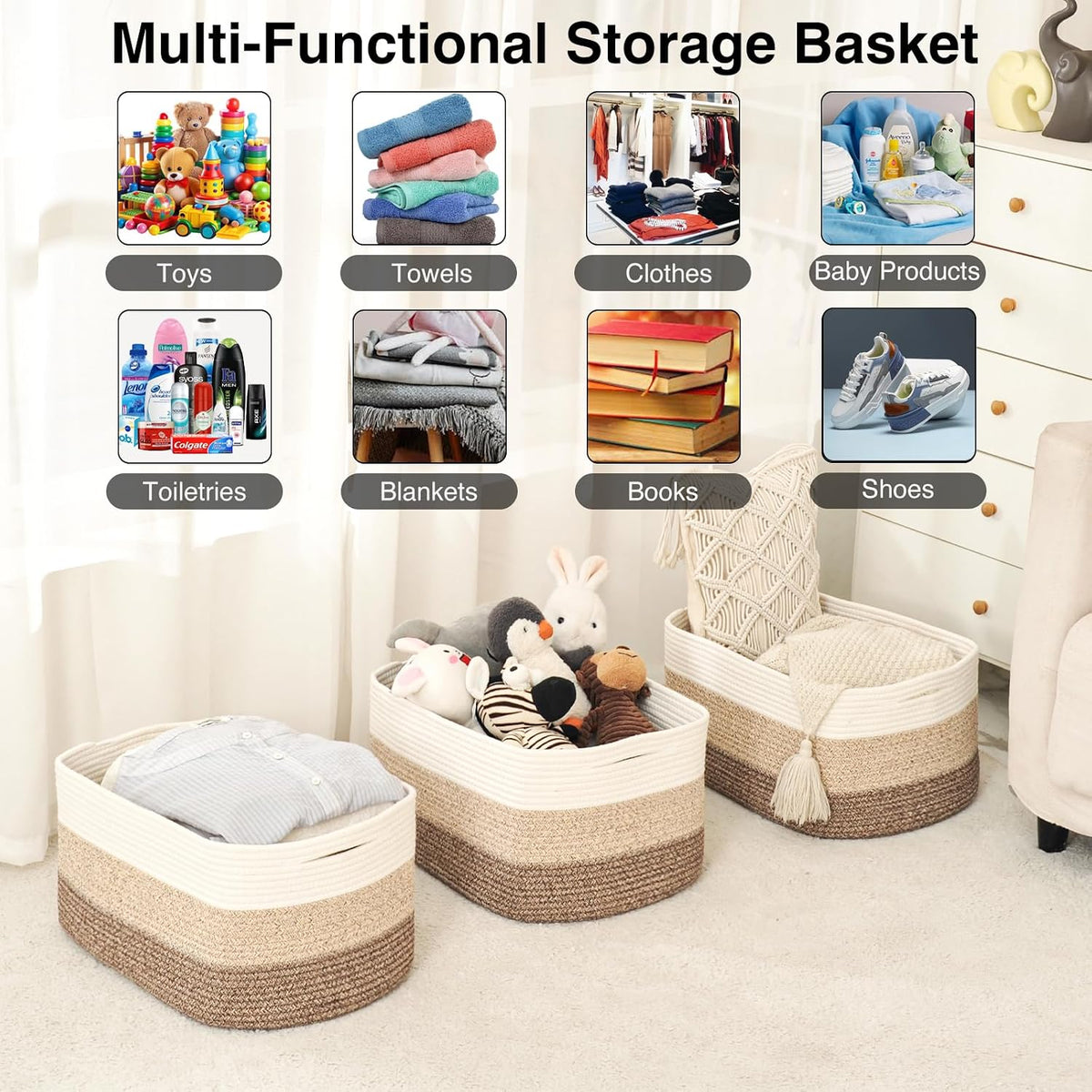 Storage Baskets for Organizing Shelves, Woven Cotton Rope Bins for Baby Nursery Organization, Book Toy Towel Organizer, 15"x11"x9.5", 3 Packs, Dark Brown