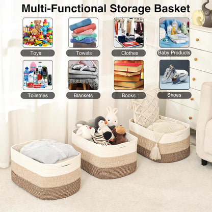 Storage Baskets for Organizing Shelves, Woven Cotton Rope Bins for Baby Nursery Organization, Book Toy Towel Organizer, 15"x11"x9.5", 3 Packs, Dark Brown