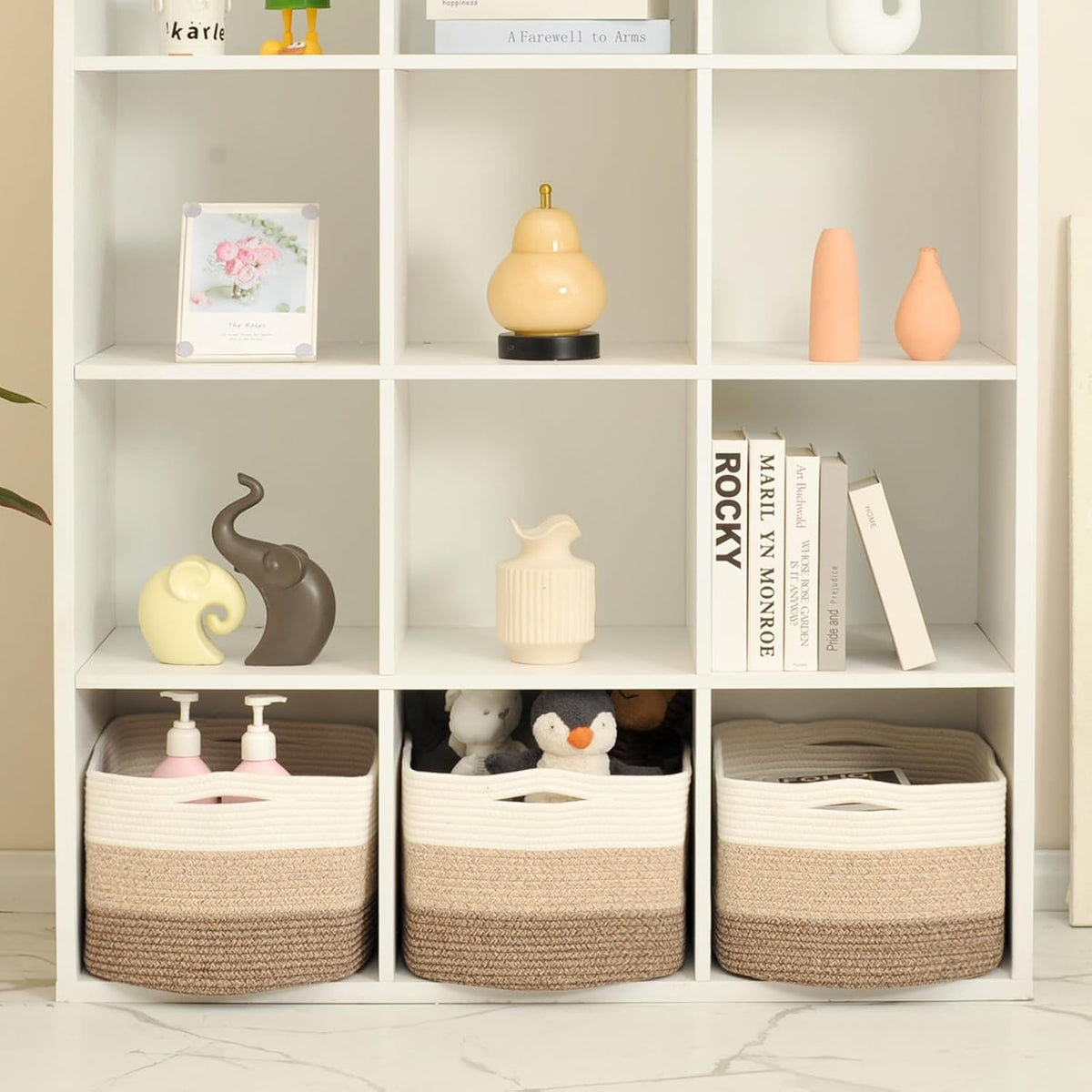 Storage Baskets for Organizing Shelves, Woven Cotton Rope Bins for Baby Nursery Organization, Book Toy Towel Organizer, 15"x11"x9.5", 3 Packs, Dark Brown