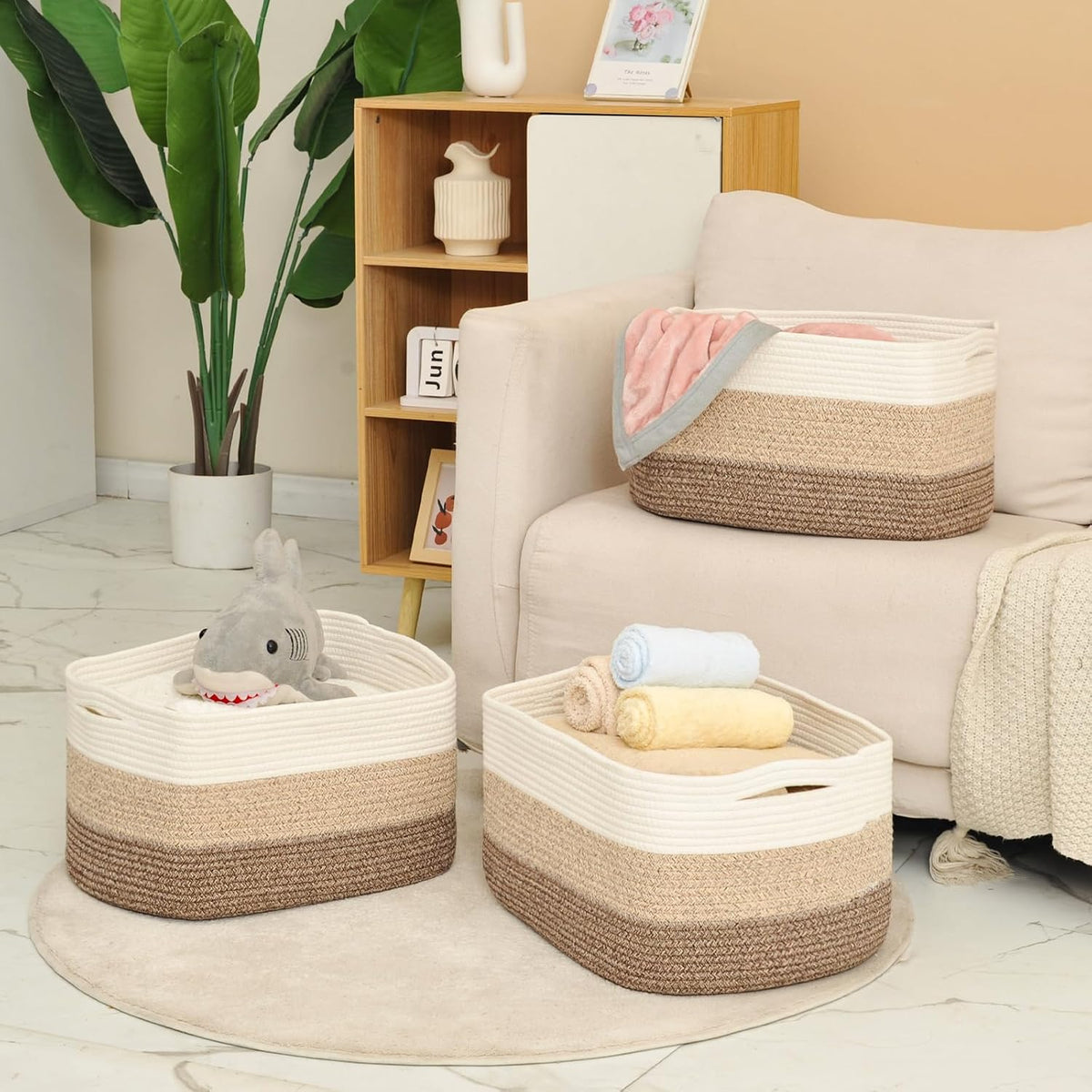 Storage Baskets for Organizing Shelves, Woven Cotton Rope Bins for Baby Nursery Organization, Book Toy Towel Organizer, 15"x11"x9.5", 3 Packs, Dark Brown