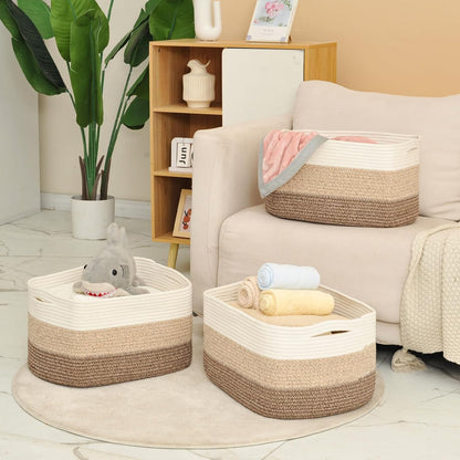 Storage Baskets for Organizing Shelves, Woven Cotton Rope Bins for Baby Nursery Organization, Book Toy Towel Organizer, 15"x11"x9.5", 3 Packs, Dark Brown
