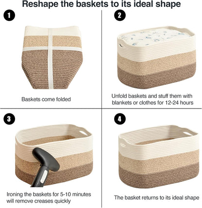 Storage Baskets for Organizing Shelves, Woven Cotton Rope Bins for Baby Nursery Organization, Book Toy Towel Organizer, 15"x11"x9.5", 3 Packs, Dark Brown