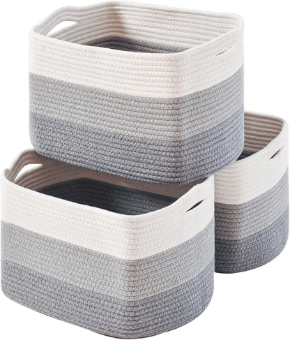 Storage Baskets for Organizing Shelves, Woven Cotton Rope Bins for Baby Nursery Organization, Book Toy Towel Organizer, 15"x11"x9.5", 3 Packs, Dark Brown