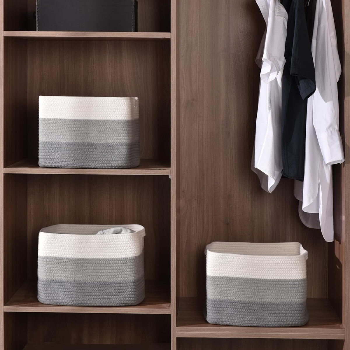 Storage Baskets for Organizing Shelves, Woven Cotton Rope Bins for Baby Nursery Organization, Book Toy Towel Organizer, 15"x11"x9.5", 3 Packs, Dark Brown