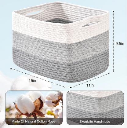 Storage Baskets for Organizing Shelves, Woven Cotton Rope Bins for Baby Nursery Organization, Book Toy Towel Organizer, 15"x11"x9.5", 3 Packs, Dark Brown