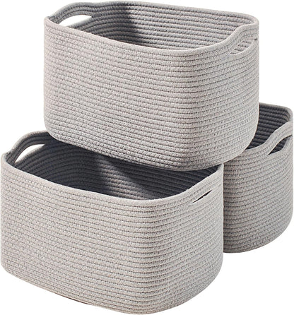 Storage Baskets for Organizing Shelves, Woven Cotton Rope Bins for Baby Nursery Organization, Book Toy Towel Organizer, 15"x11"x9.5", 3 Packs, Dark Brown