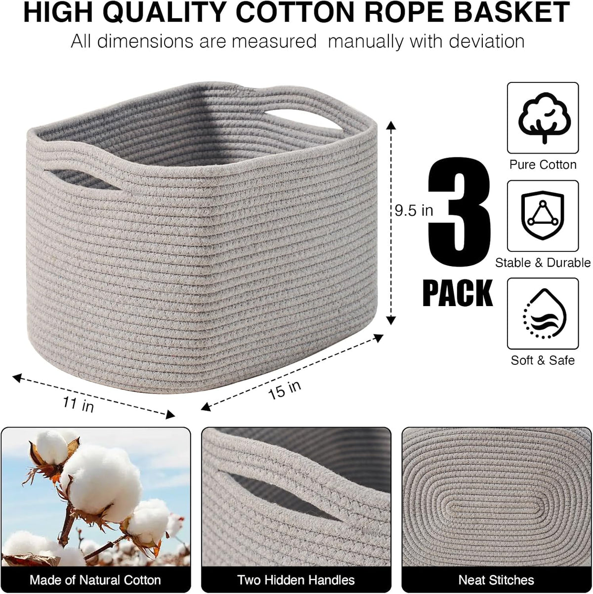 Storage Baskets for Organizing Shelves, Woven Cotton Rope Bins for Baby Nursery Organization, Book Toy Towel Organizer, 15"x11"x9.5", 3 Packs, Dark Brown