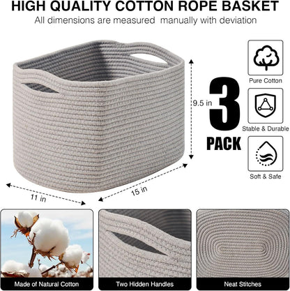 Storage Baskets for Organizing Shelves, Woven Cotton Rope Bins for Baby Nursery Organization, Book Toy Towel Organizer, 15"x11"x9.5", 3 Packs, Dark Brown
