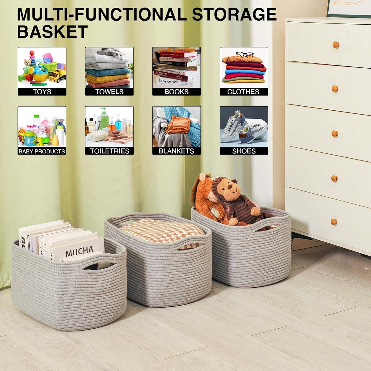 Storage Baskets for Organizing Shelves, Woven Cotton Rope Bins for Baby Nursery Organization, Book Toy Towel Organizer, 15"x11"x9.5", 3 Packs, Dark Brown