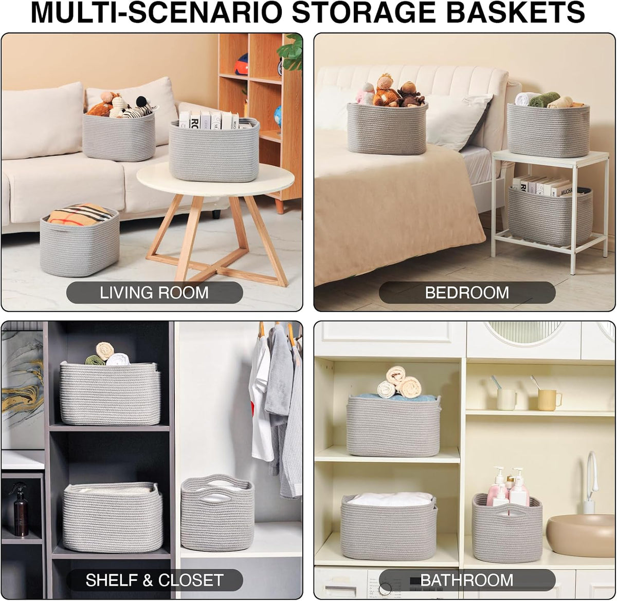 Storage Baskets for Organizing Shelves, Woven Cotton Rope Bins for Baby Nursery Organization, Book Toy Towel Organizer, 15"x11"x9.5", 3 Packs, Dark Brown
