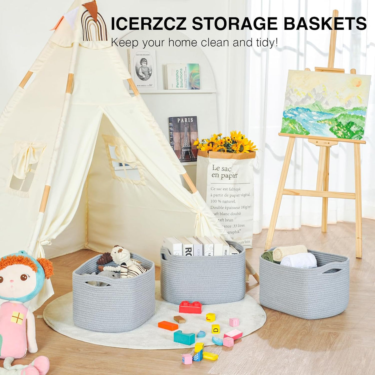 Storage Baskets for Organizing Shelves, Woven Cotton Rope Bins for Baby Nursery Organization, Book Toy Towel Organizer, 15"x11"x9.5", 3 Packs, Dark Brown
