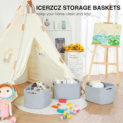 Storage Baskets for Organizing Shelves, Woven Cotton Rope Bins for Baby Nursery Organization, Book Toy Towel Organizer, 15"x11"x9.5", 3 Packs, Dark Brown