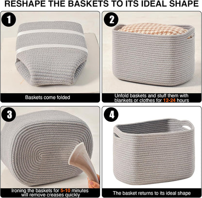 Storage Baskets for Organizing Shelves, Woven Cotton Rope Bins for Baby Nursery Organization, Book Toy Towel Organizer, 15"x11"x9.5", 3 Packs, Dark Brown