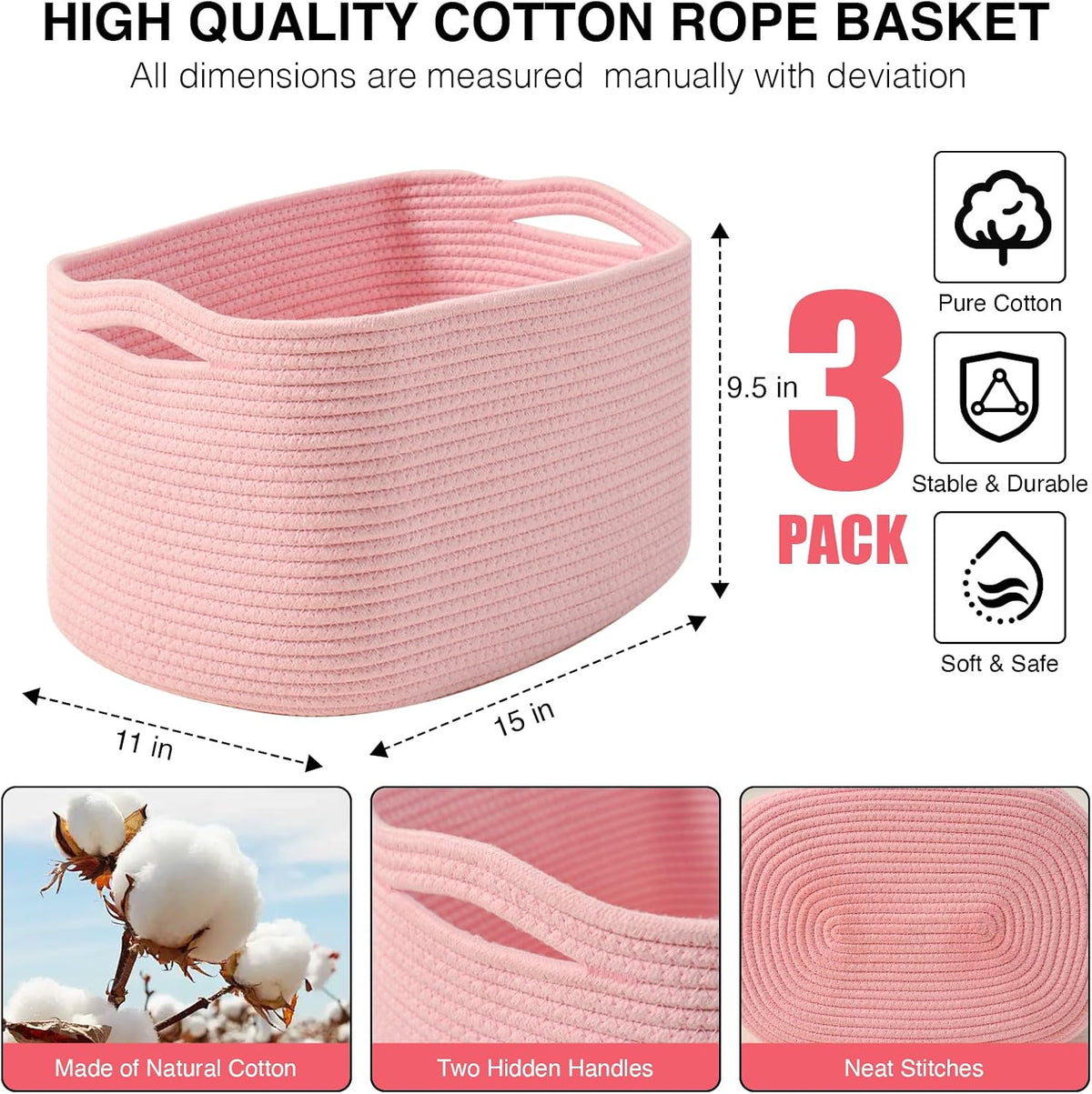 Storage Baskets for Organizing Shelves, Woven Cotton Rope Bins for Baby Nursery Organization, Book Toy Towel Organizer, 15"x11"x9.5", 3 Packs, Dark Brown