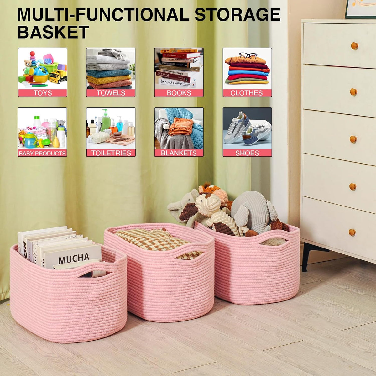 Storage Baskets for Organizing Shelves, Woven Cotton Rope Bins for Baby Nursery Organization, Book Toy Towel Organizer, 15"x11"x9.5", 3 Packs, Dark Brown