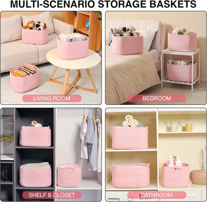 Storage Baskets for Organizing Shelves, Woven Cotton Rope Bins for Baby Nursery Organization, Book Toy Towel Organizer, 15"x11"x9.5", 3 Packs, Dark Brown