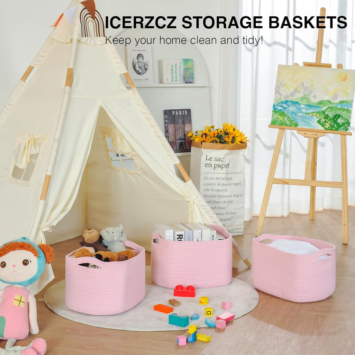 Storage Baskets for Organizing Shelves, Woven Cotton Rope Bins for Baby Nursery Organization, Book Toy Towel Organizer, 15"x11"x9.5", 3 Packs, Dark Brown