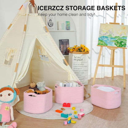 Storage Baskets for Organizing Shelves, Woven Cotton Rope Bins for Baby Nursery Organization, Book Toy Towel Organizer, 15"x11"x9.5", 3 Packs, Dark Brown