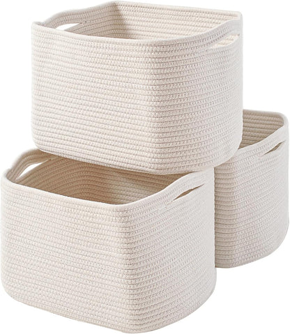 Storage Baskets for Organizing Shelves, Woven Cotton Rope Bins for Baby Nursery Organization, Book Toy Towel Organizer, 15"x11"x9.5", 3 Packs, Dark Brown