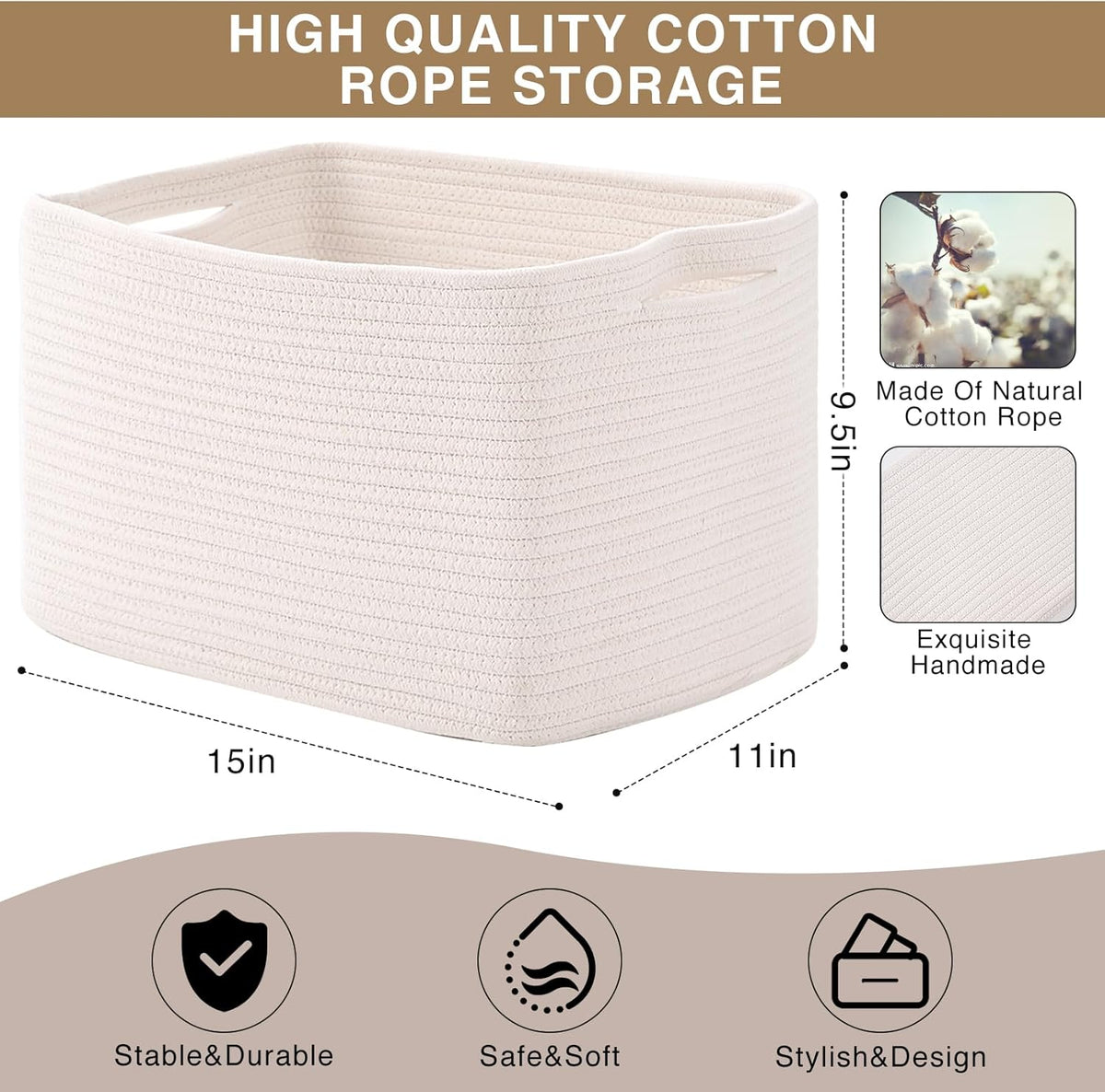 Storage Baskets for Organizing Shelves, Woven Cotton Rope Bins for Baby Nursery Organization, Book Toy Towel Organizer, 15"x11"x9.5", 3 Packs, Dark Brown