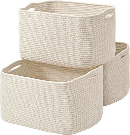 Storage Baskets for Organizing Shelves, Woven Cotton Rope Bins for Baby Nursery Organization, Book Toy Towel Organizer, 15"x11"x9.5", 3 Packs, Dark Brown