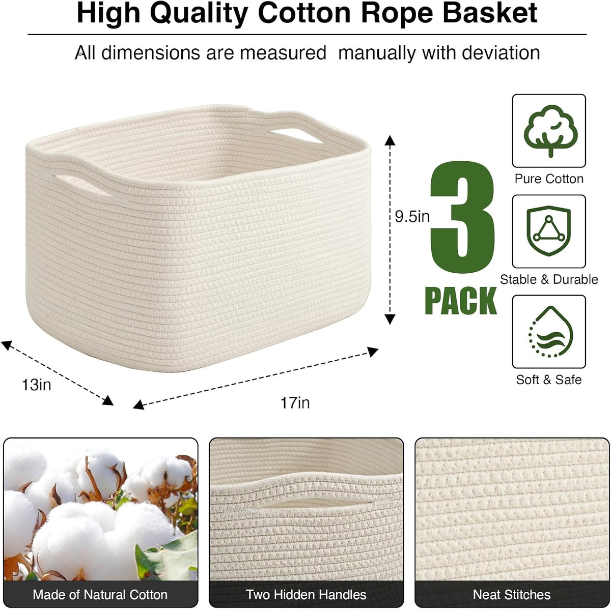 Storage Baskets for Organizing Shelves, Woven Cotton Rope Bins for Baby Nursery Organization, Book Toy Towel Organizer, 15"x11"x9.5", 3 Packs, Dark Brown