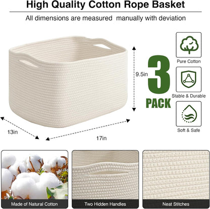 Storage Baskets for Organizing Shelves, Woven Cotton Rope Bins for Baby Nursery Organization, Book Toy Towel Organizer, 15"x11"x9.5", 3 Packs, Dark Brown