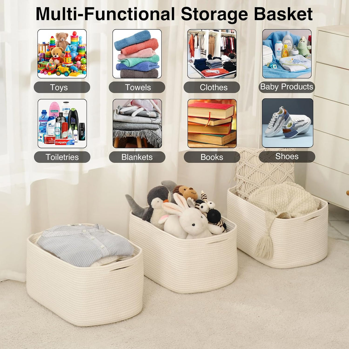 Storage Baskets for Organizing Shelves, Woven Cotton Rope Bins for Baby Nursery Organization, Book Toy Towel Organizer, 15"x11"x9.5", 3 Packs, Dark Brown