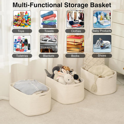 Storage Baskets for Organizing Shelves, Woven Cotton Rope Bins for Baby Nursery Organization, Book Toy Towel Organizer, 15"x11"x9.5", 3 Packs, Dark Brown