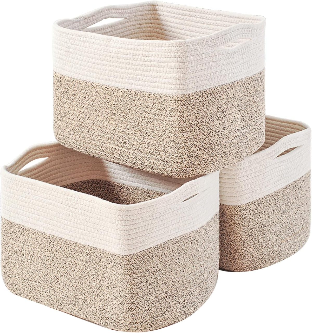 Storage Baskets for Organizing Shelves, Woven Cotton Rope Bins for Baby Nursery Organization, Book Toy Towel Organizer, 15"x11"x9.5", 3 Packs, Dark Brown