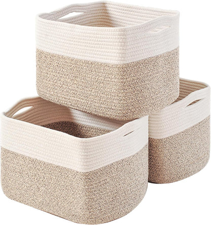 Storage Baskets for Organizing Shelves, Woven Cotton Rope Bins for Baby Nursery Organization, Book Toy Towel Organizer, 15"x11"x9.5", 3 Packs, Dark Brown