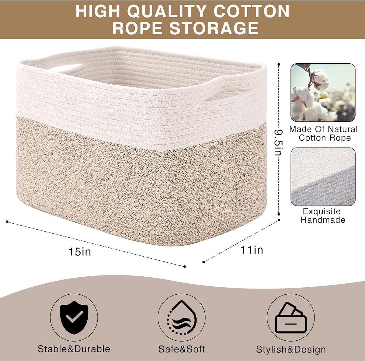 Storage Baskets for Organizing Shelves, Woven Cotton Rope Bins for Baby Nursery Organization, Book Toy Towel Organizer, 15"x11"x9.5", 3 Packs, Dark Brown