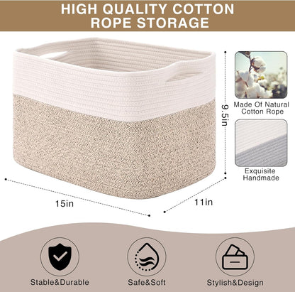 Storage Baskets for Organizing Shelves, Woven Cotton Rope Bins for Baby Nursery Organization, Book Toy Towel Organizer, 15"x11"x9.5", 3 Packs, Dark Brown